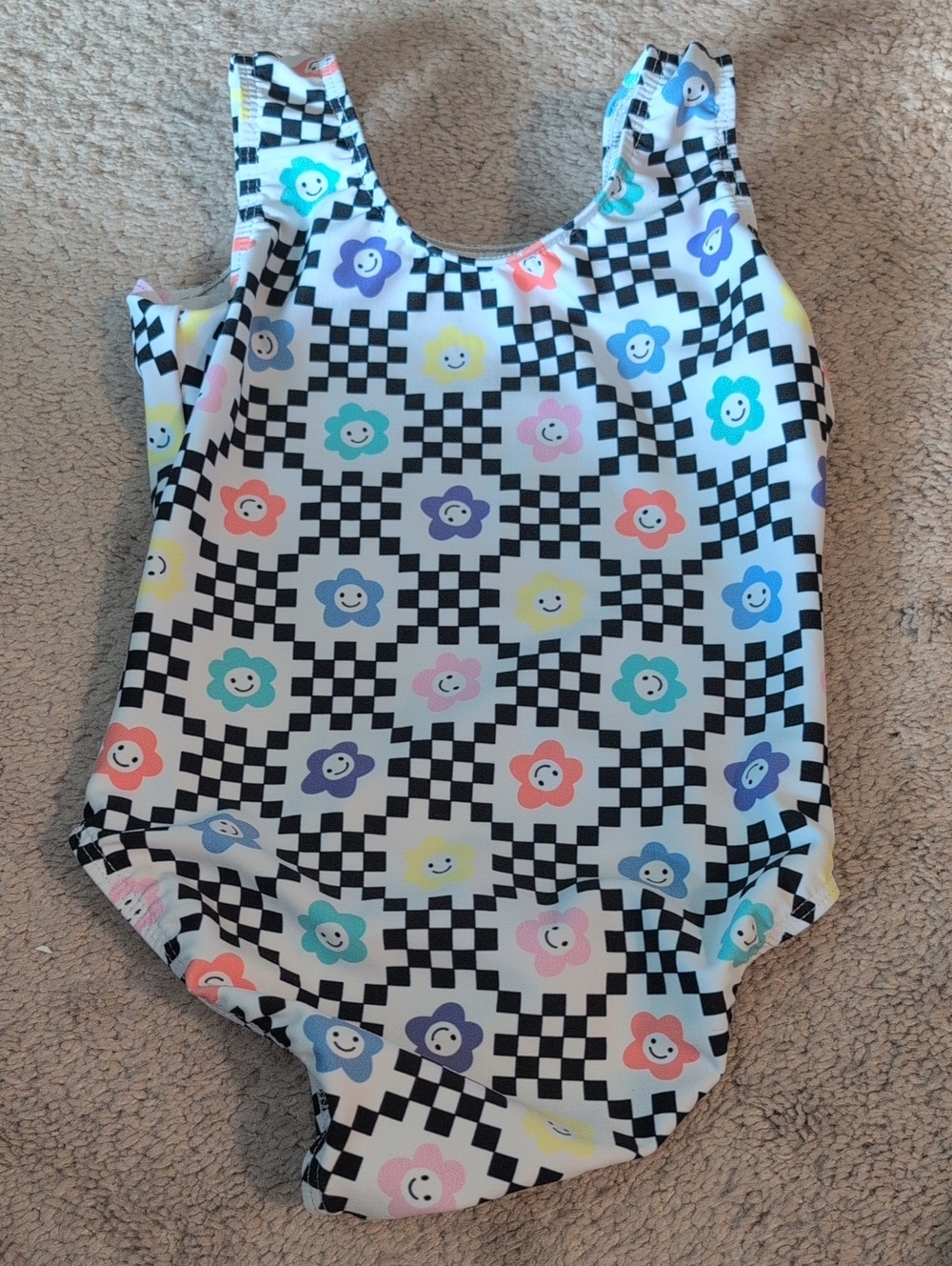 Kids Floral Checkerboard One-Piece Leotard White with Multicolor Flowers